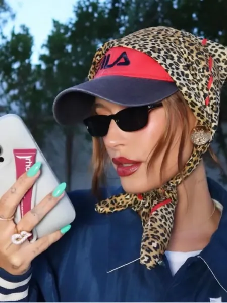 Hailey Bieber Scarf Over Cap